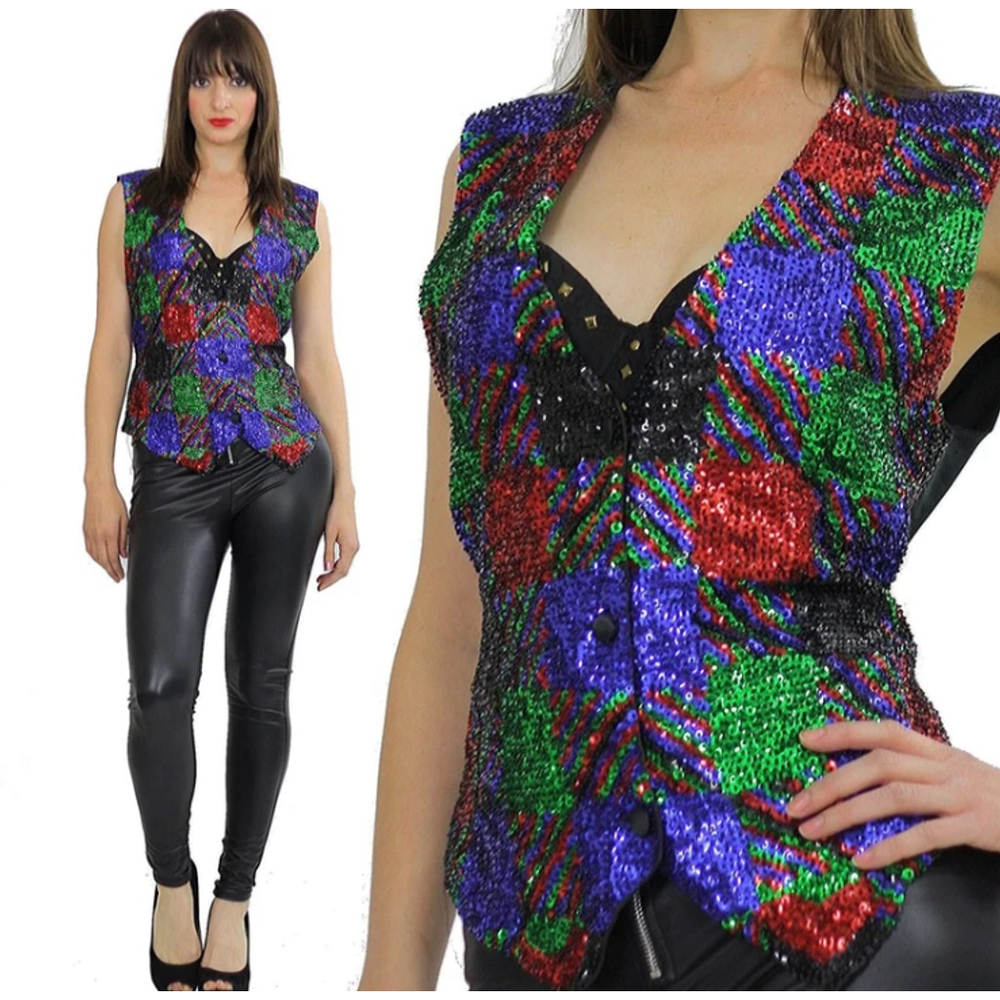 Effeci Vintage 80s Women's M Sequin Beaded Cocktail Party Festival Colorful Vest